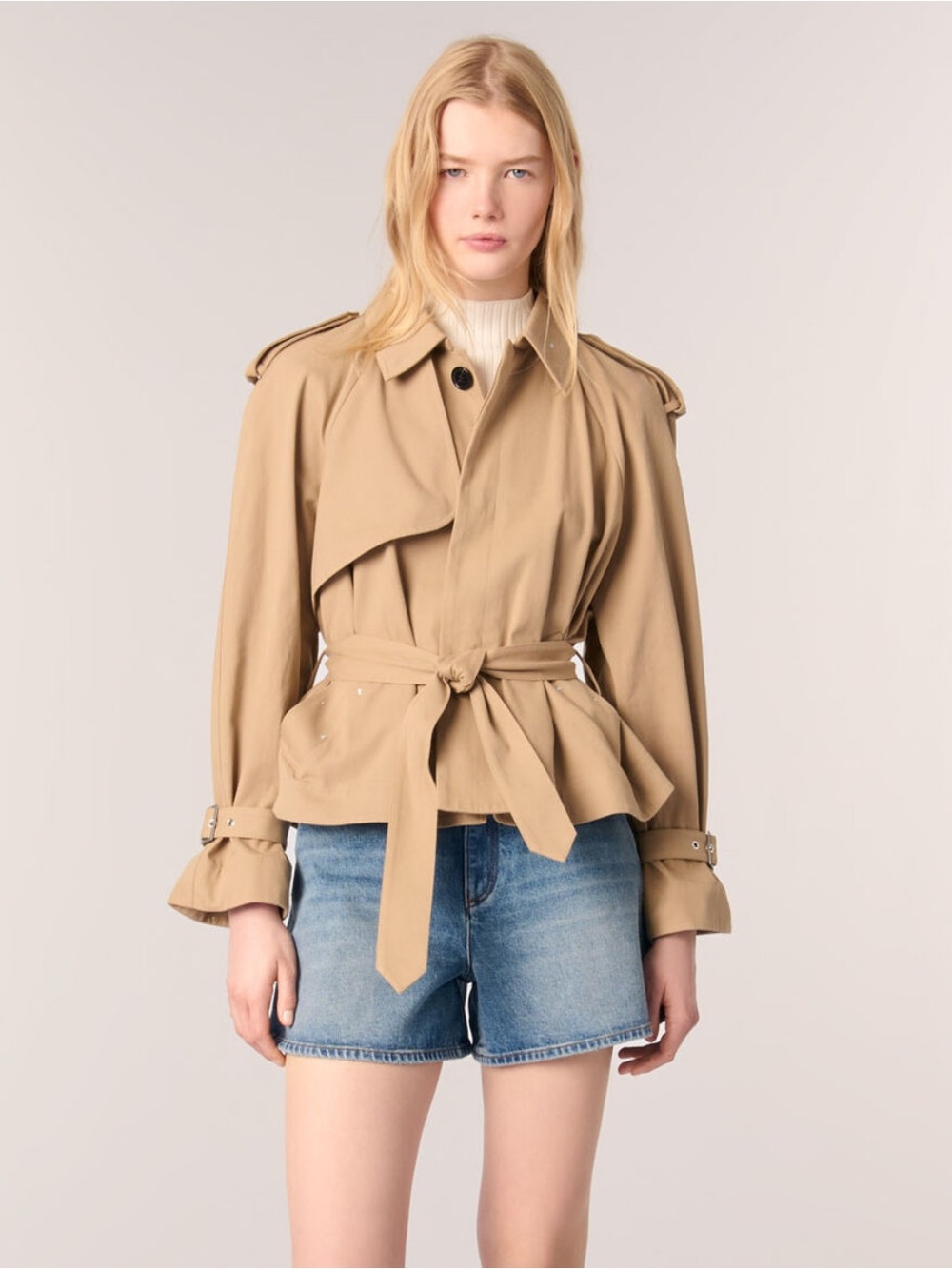 Maje Tan Tie-Waist Short Trench Jacket